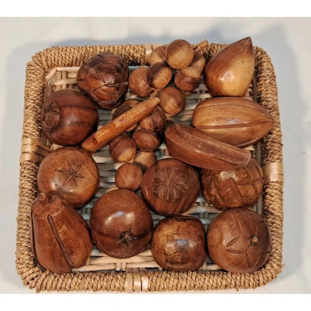 Vintage Hand Carved‎ Wooden Fruit Set with Woven Wicker Basket Centerpiece Decor